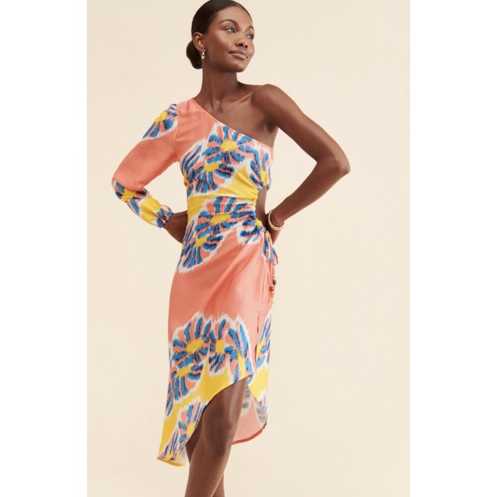 Anthropologie One Shoulder ruched asymmetric women’s dress large coral vacation